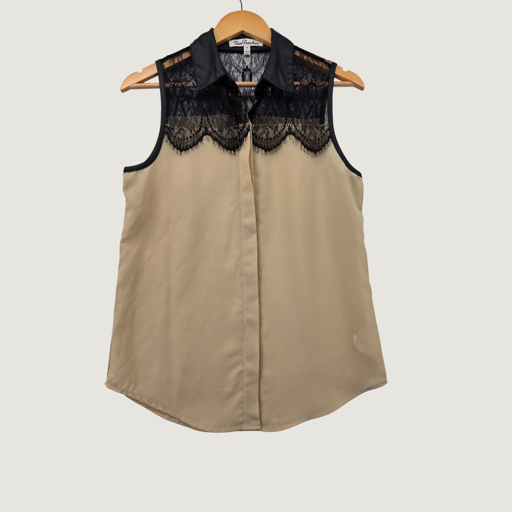 True Freedom Tan Sleeveless Blouse Black Lace Faux Leather Collar Top Medium M